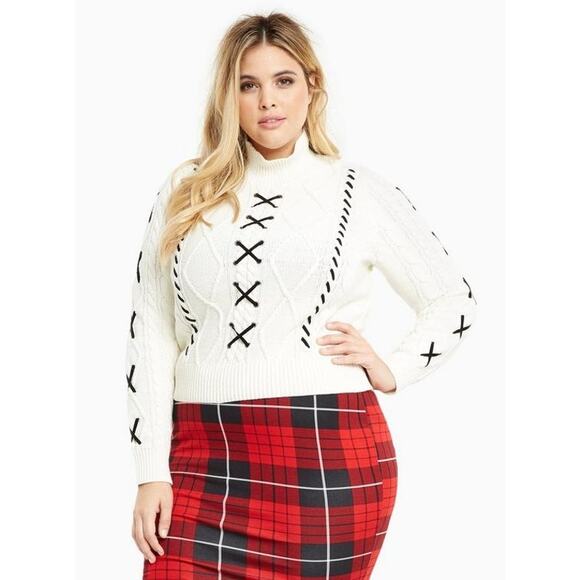 Torrid Sweater Ivory Mock Neck Cable Knit Lace‎ Up Pullover Plus Size 3X - Picture 1 of 10